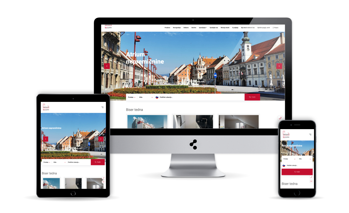Spletna stran Atrium nepremičnine na različnih napravah