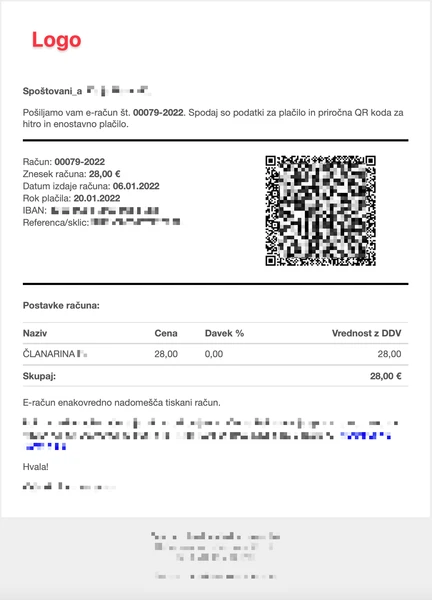 Primer fakture koju kupac prima putem mejla